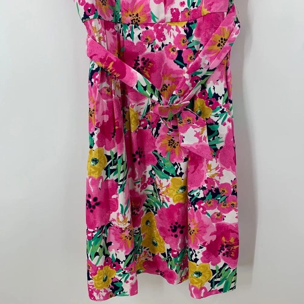 Ann Klein Bright Pink Floral Tie Belt Fit and Flare Dress Retro Style Sz 4
